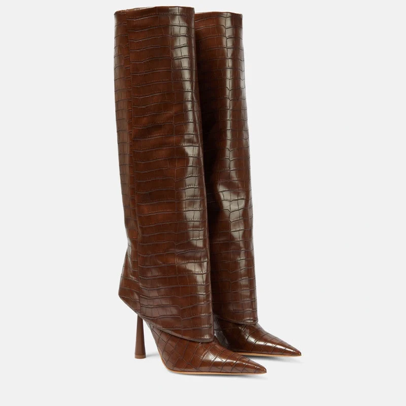 Women's Shoes 2026New Mid-Calf BigTube Circumference Pointed Heel Skirt Boots Long Tube Stone Pattern Knight Boots Women's Boots