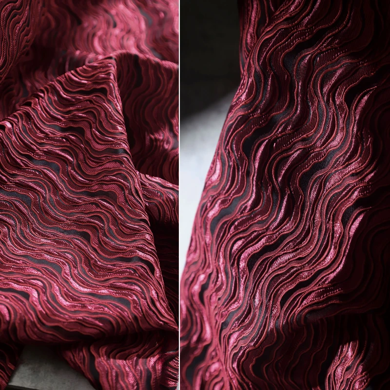 Red Water Wave Texture Three-dimensional Jacquard Fabric Chinese Style Relief Jacket Handmade DIY Clothing Designer Fabric