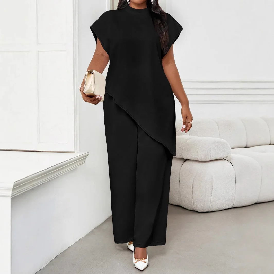 2 Piece Sets Women Irregular Top Straight Pants Suit Trousers Outfits Round Collar Short Sleeve Ensemble Summer 2025 Office Lady