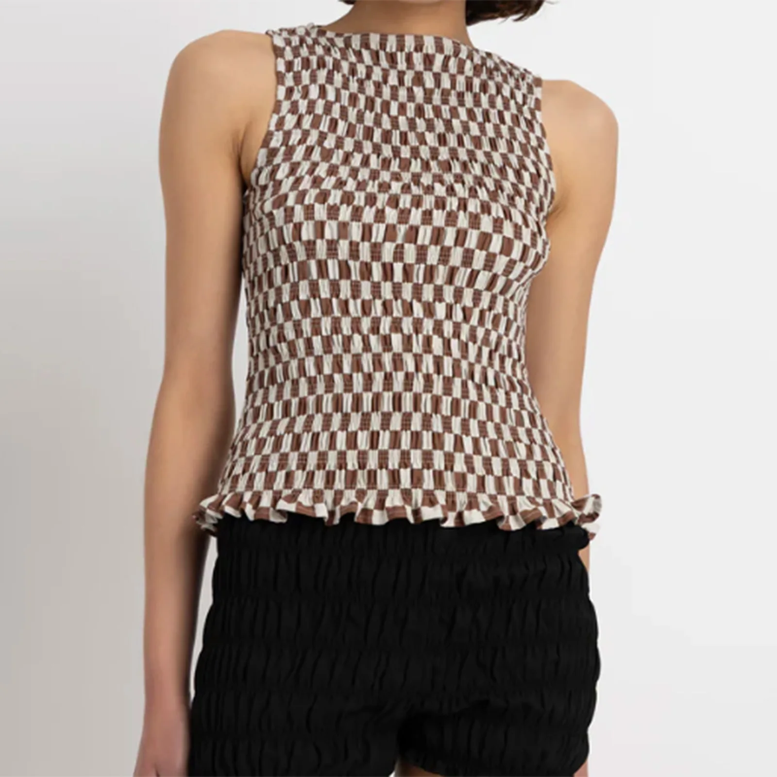 New Fashion Womens Summer Smocked Tank Tops Solid Color/Plaid Sleeveless Boat Neck Ruffled Hem Slim Fit Vest S-XL