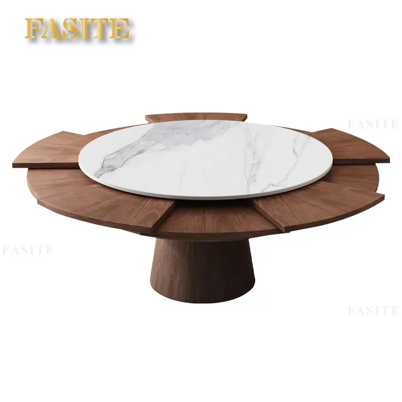 For Round Dining Table Telescopic Extension Solid Wood Rotating Expandable White Sintered Stone Top Modern Restaurant