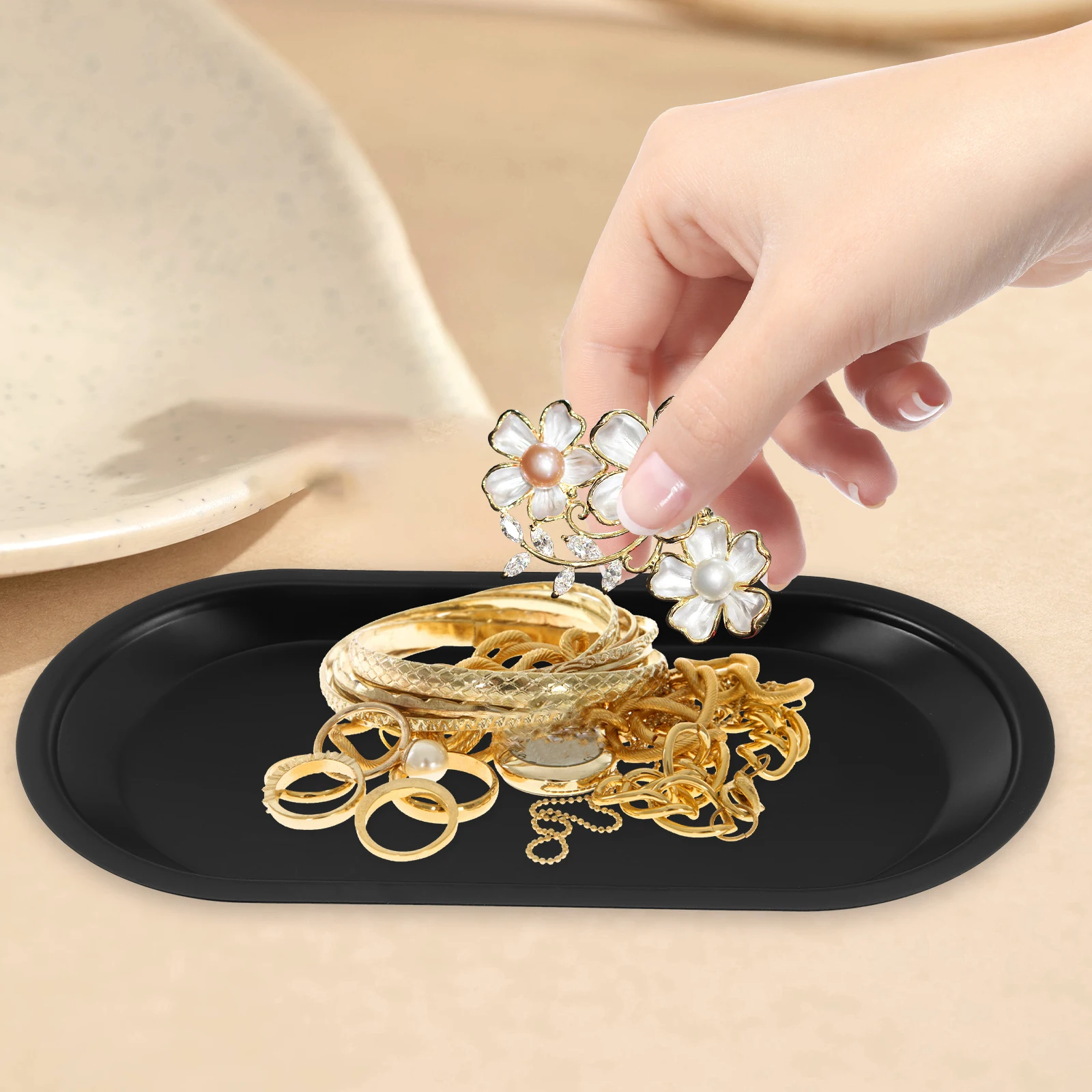 

Stainless Steel Jewelry Tray Small Size Black Bathroom Vanity ganizer Ring Storage Plate Desk Trinket Dish Home Accessories