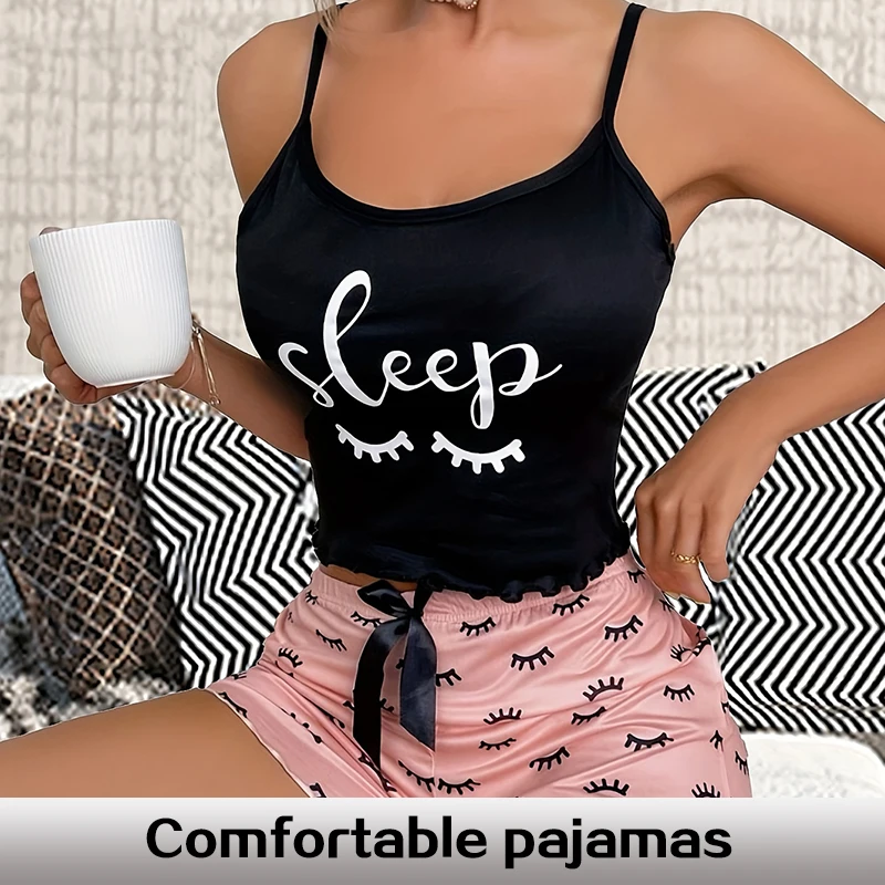 Summer New Two-Piece Printed Eyelash Style Casual V-Neck Strap Black Top and Short Women\'s Casual Pajama Set