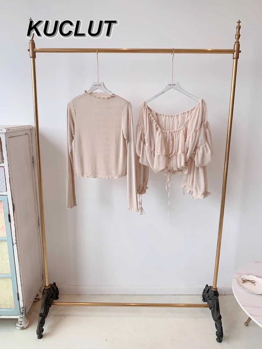 สาวเสื้อจีบสายรัดเชื้อรา Edge Stand-up COLLAR Bottoming เสื้อ 2 ชิ้นชุดแฟชั่นฤดูใบไม้ผลิฤดูใบไม้ร่วงผู้หญิงเสื้อ