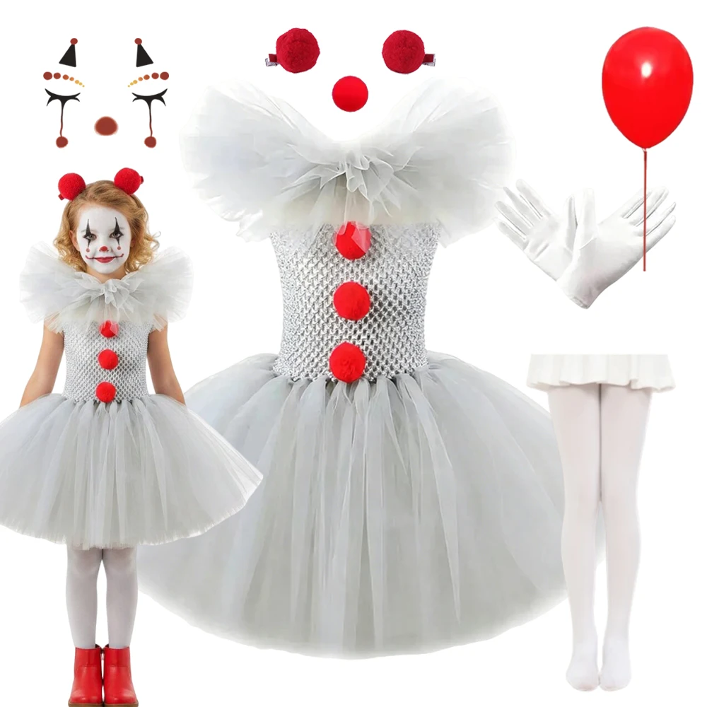Girls Halloween Costume Gray Tutu Scary Joker Dress Kids Cosplay Clown Costume Carnival Party Dress Up