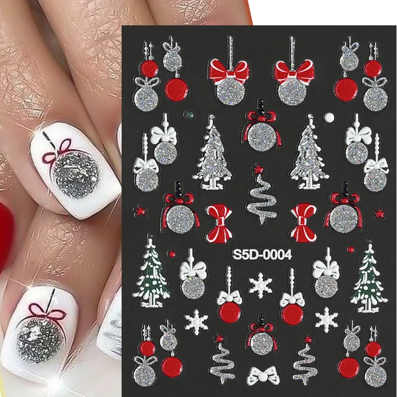 5D Embossed Acrylic Snowflake Bell Xmas Nail Sticker Gold Silver Powder Christmas Adhesive Sliders Winter New Year Nail Decals