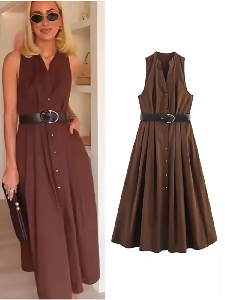 

robe mi-longue avec ceinture pour femmes, col en V, sans manches, ligne a, décontractée, simple boutonnage, élégante, couleur u