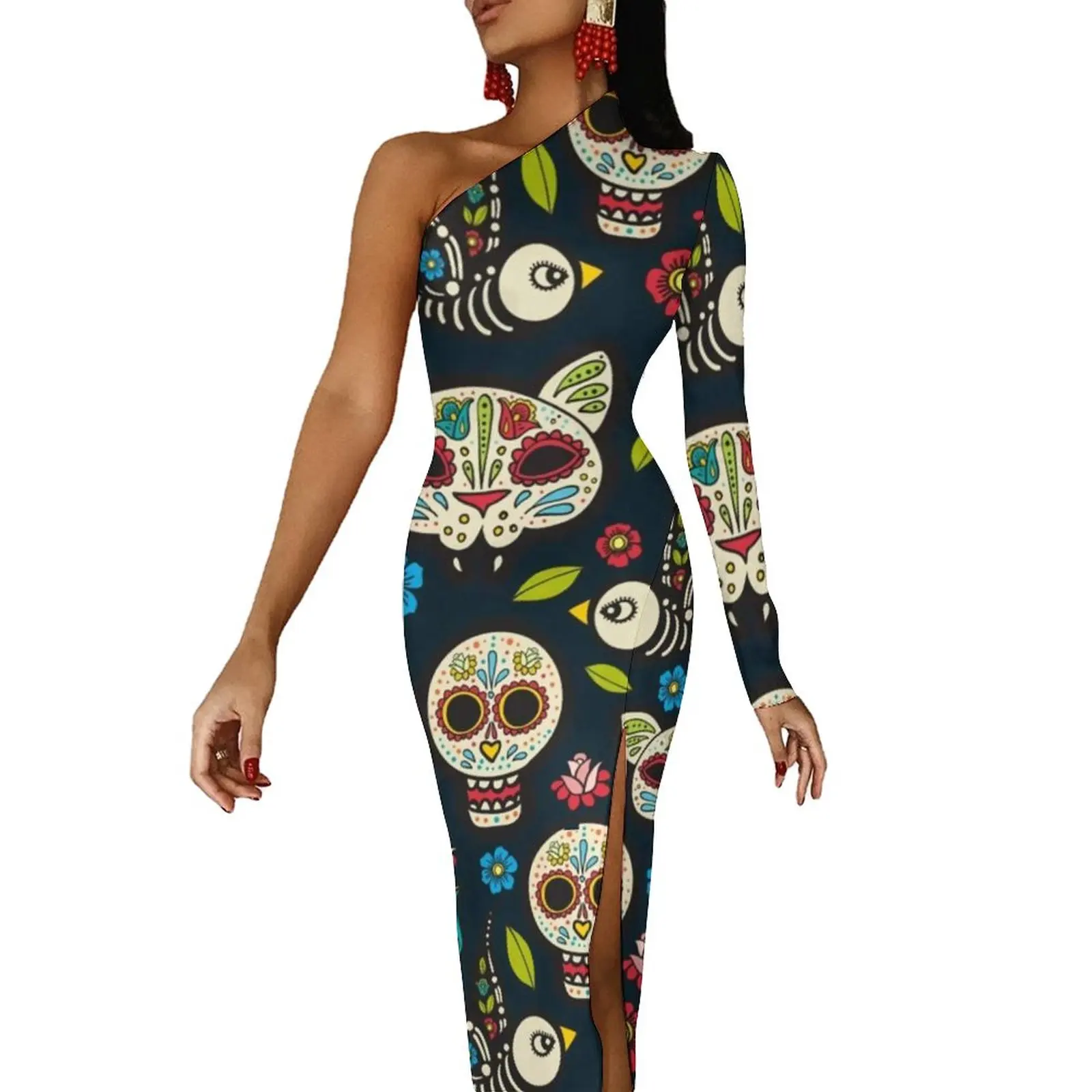 Halloween Day of The Dead Maxi Dress Long Sleeve Mexican Traditional Celebrates Skulls Party Bodycon Dresses Summer Kawaii Dress