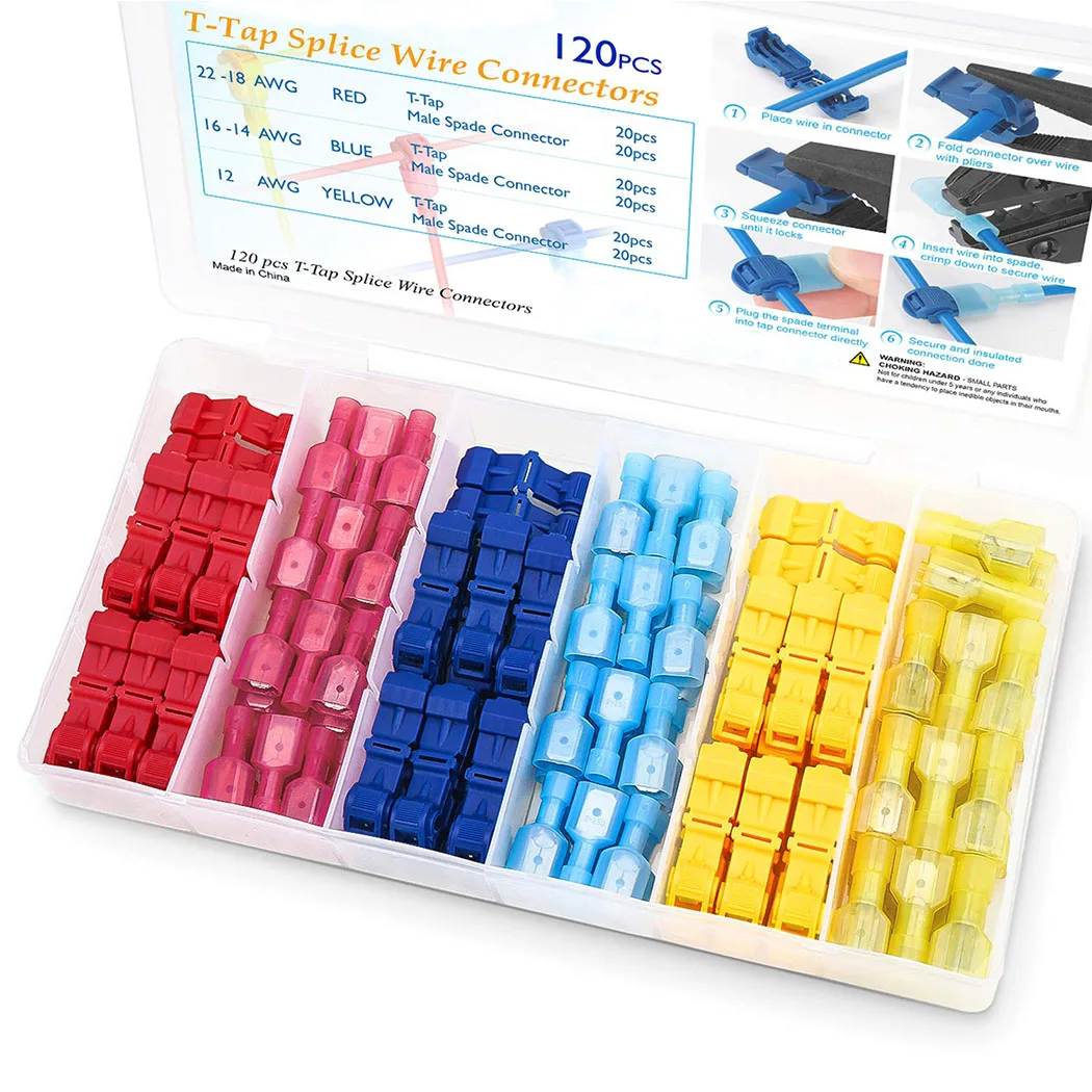 

120PCS Quick Splice Wire Terminals T-Tap Self-stripping with Nylon Fully Insulated Male Disconnects Kit for Wiring Automotive
