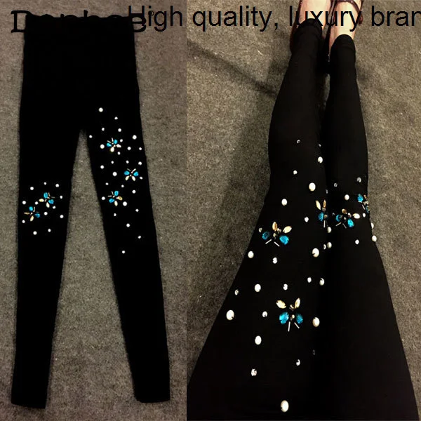 Winter 2023 Autumn Black Women Rivet Rhinestone Thickened Elastic Magic Skinny Cropped Pants Leggings Outer Wear