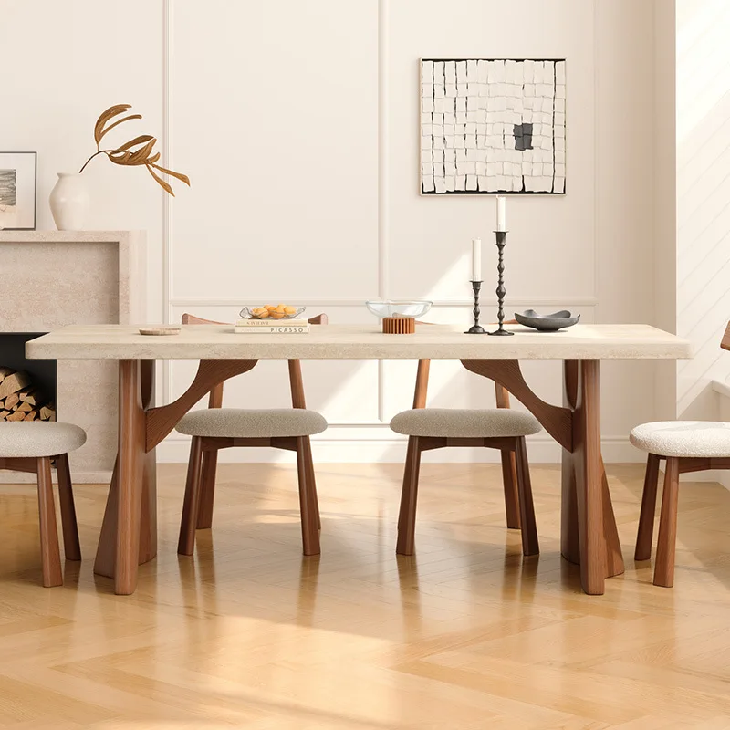 Flying Crow French retro solid wood rock slab dining table rectangular light luxury walnut color cave stone hanging dining table