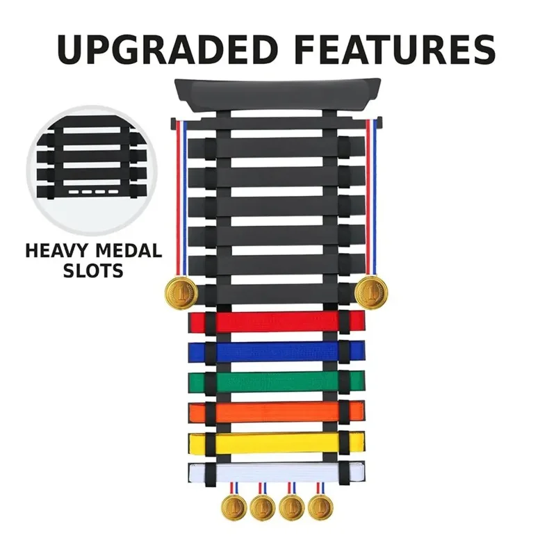 12 Belts Karate Belt Display Rack, Bamboo Wood Taekwondo Holder with Medal Hangers for BJJ/Judo