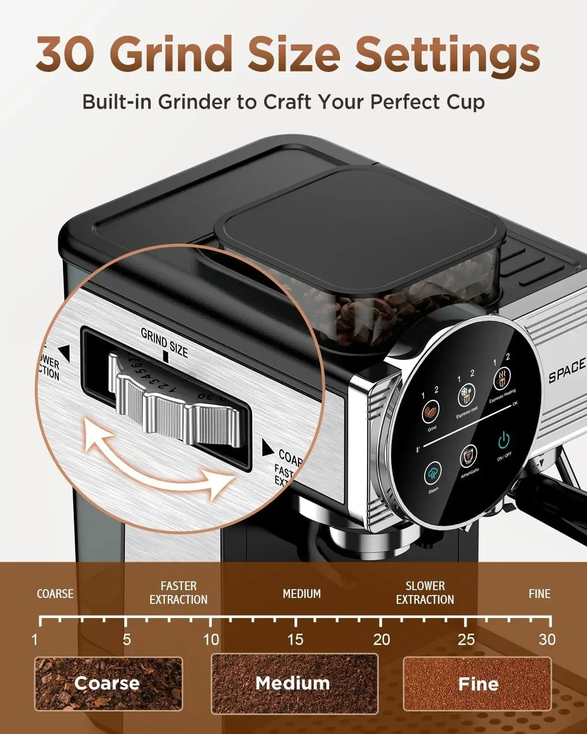 Espresso Machine with Grinder - 20 Bar All-in-One Coffee Maker with Milk Steam Wand/Frother, Cold Brew, 30 Grind Settings, 60oz