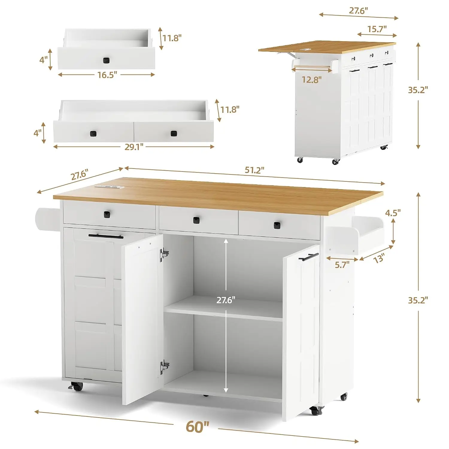 60” Kitchen Island with Drop Leaf & Power Outlet, Kitchen Rolling Island with Spice Rack & Towel Rack, Mobile, Customized