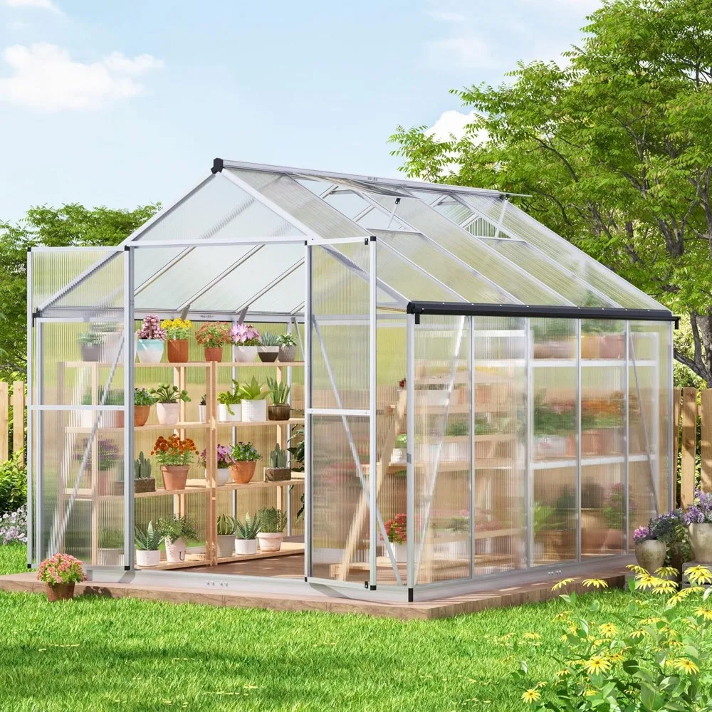 

8x10 Ft Outdoor Greenhouse, Made of Polycarbonate, with Roof Vents, Large Aluminum Walk-in Greenhouse