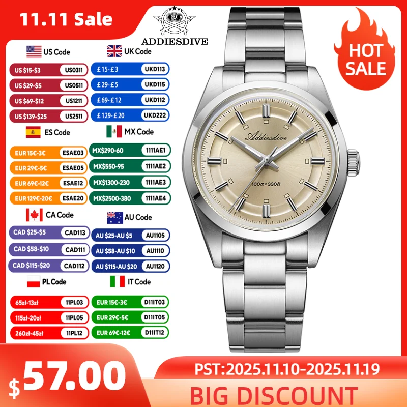 ADDIESDIVE 럭셔리 쿼츠 남자 시계 36mm 슈퍼 루미너스 버블 미러 유리 방수 시계 남자 스테인레스 스틸 시계 남성