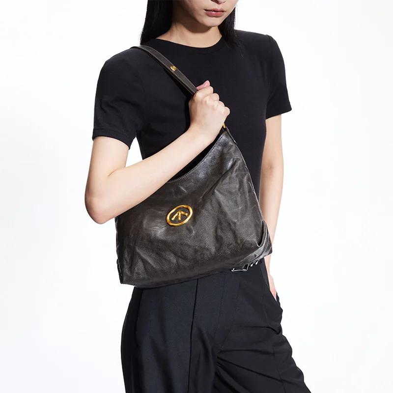 Grotto 2026 New Hobo Bag Vegetable-Tanned Wrinkled Lambskin Shoulder Bag Crossbody Tote with Soft Underarm Support