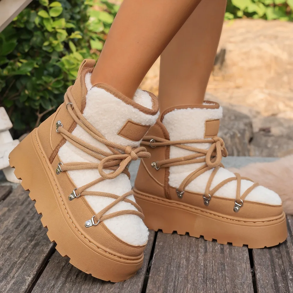 

Warm Snow Boots 2025 Winter New Thick Bottom Large Size with Velvet Cross Strap Northeast Cotton Shoes for Women