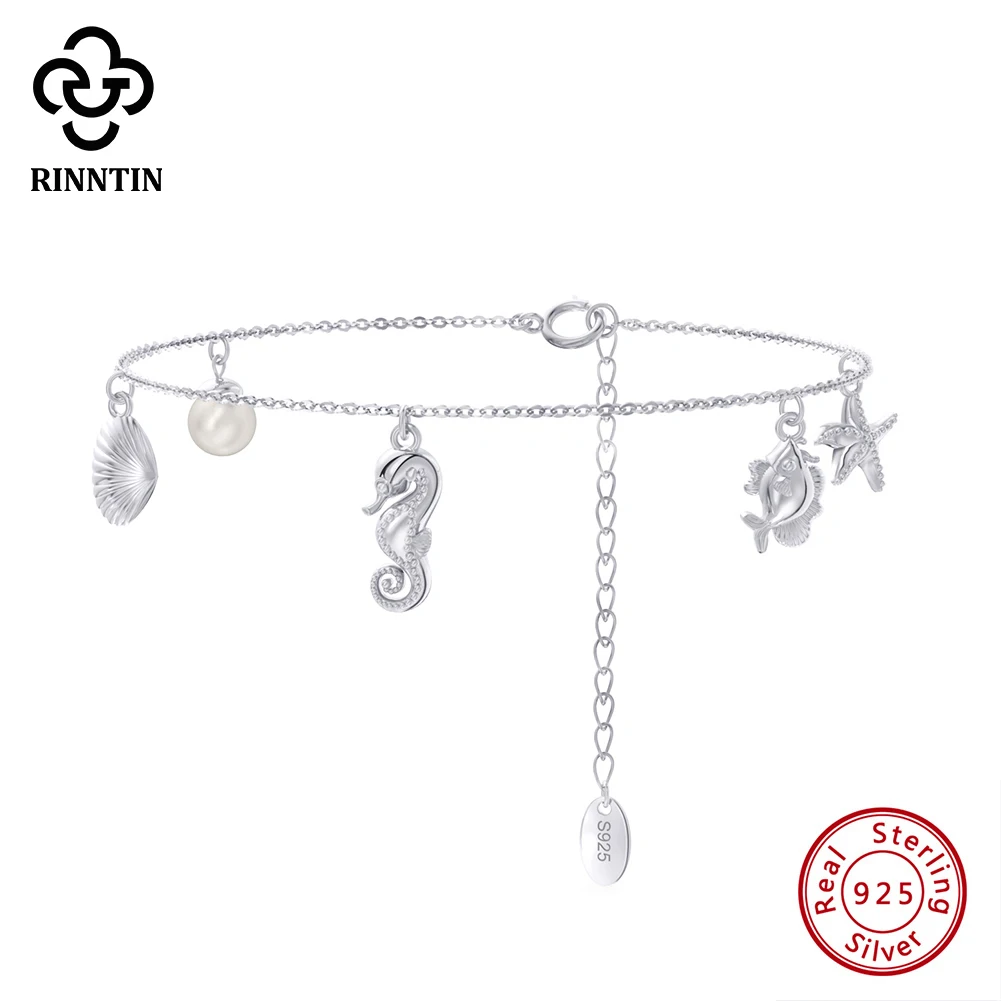 Rinntin Unique Seahorse Starfish Shell Bracelet for Women 925 Sterling Silver Handmade Pearl Thin Bracelets Jewelry APB02