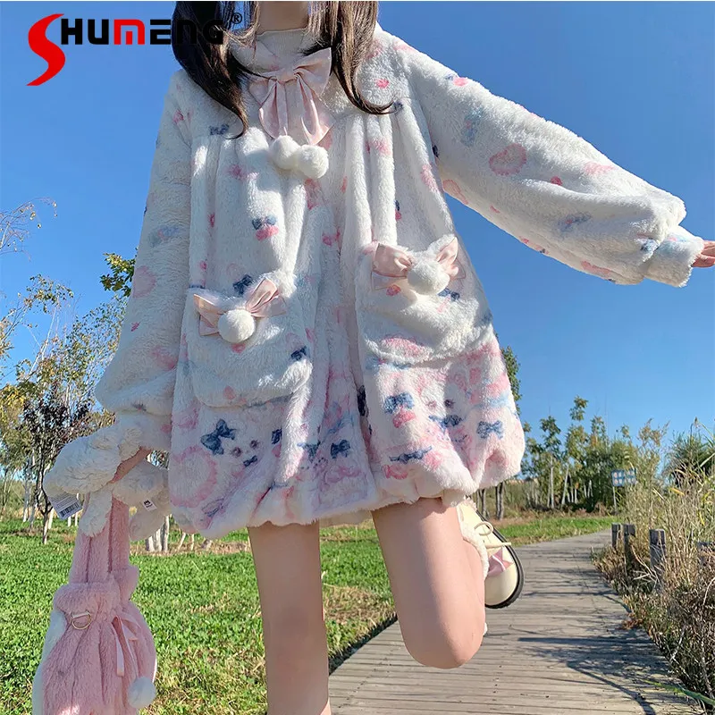 

Original Japanese Style Cute Girl Warm Fleeced Jacket Hooded Bow Single-breasted Loose Lolita Printed Plush Coats for Women 2026