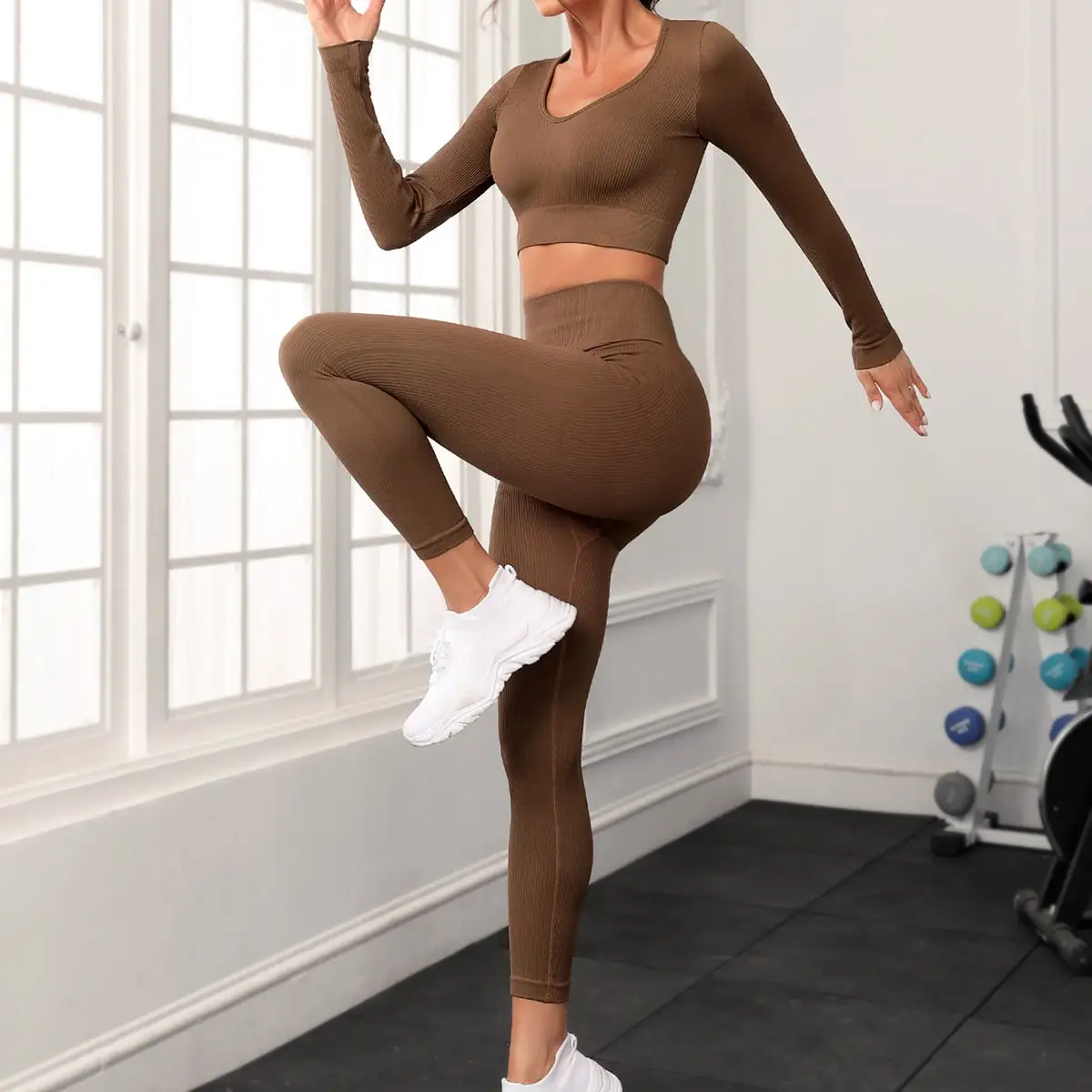 Women Ribbed Seamless Yoga Set U Neck Long Sleeve Crop Top High Waist Butt Lifting Leggings 2 Piece Gym Fitness Running Workout
