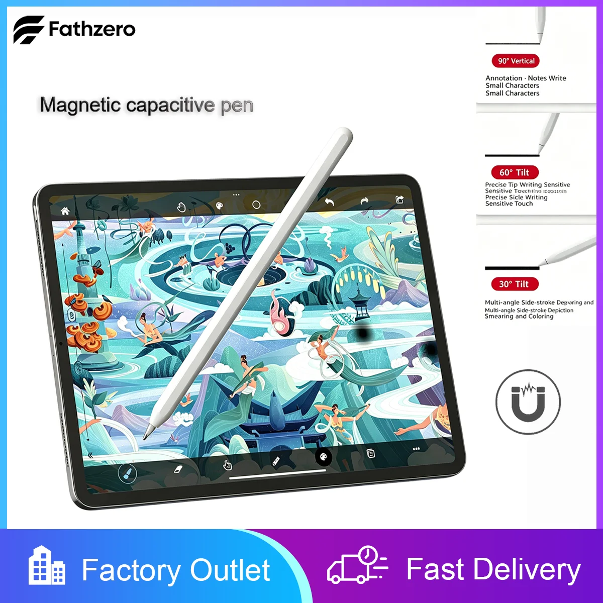 Стилус Fathzero для iPad с магнитной зарядкой и сенсорным управлением, обеспечивающий плавное письмо без задержек, для художественного творчества и повседневной работы