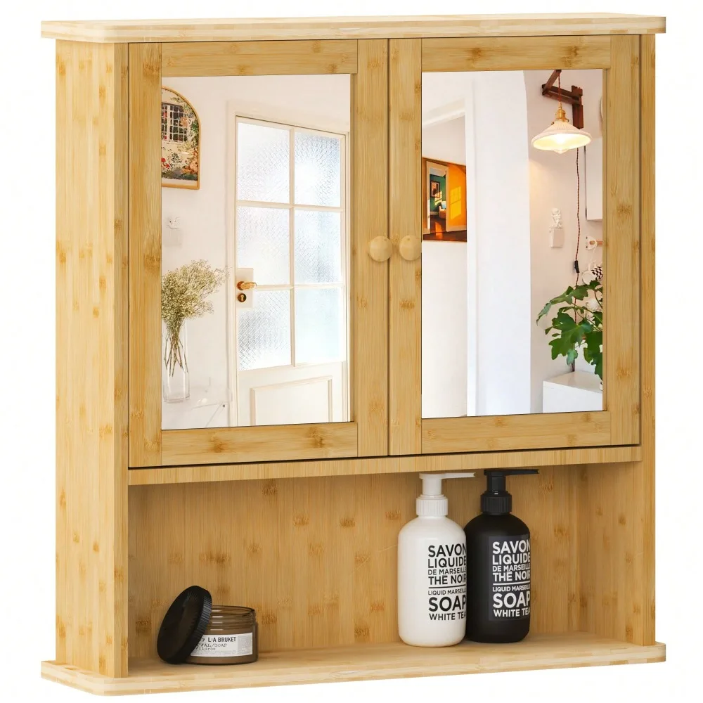 Bamboo Storage Cabinet With Mirror Doors For Bathroom, Wall Mounted Medicine Cabinet With Adjustable Shelves