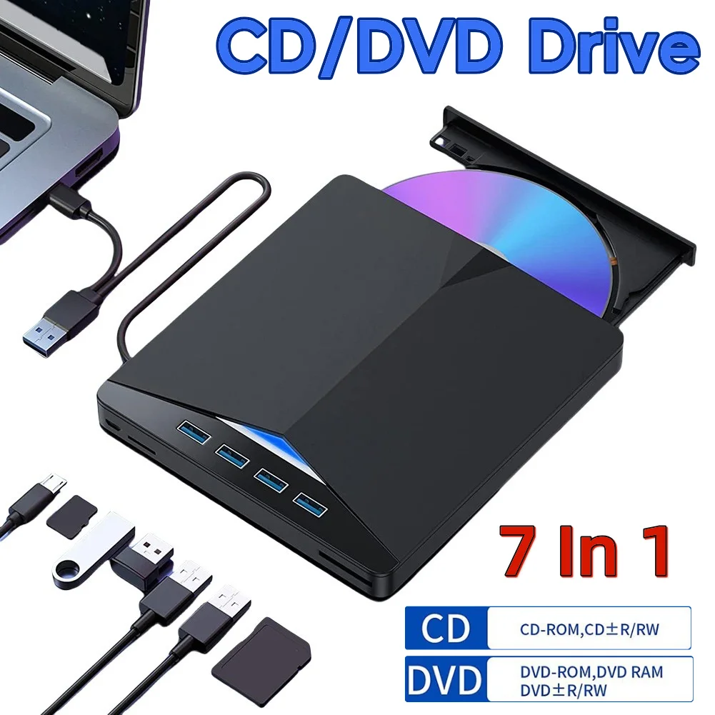 

7 в 1 USB3.0 Type-C CD DVD-считыватель, плеер, оптический привод, высокоскоростной лоток, записывающее устройство для записи DVD-дисков, считывание для Windows 11/10