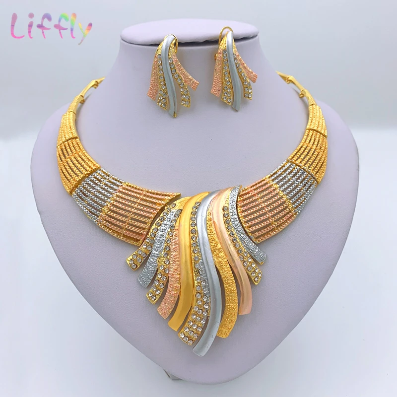 African Dubai 24k Gold Plated Choker Necklace Jewelry Set  for Women Bridal Wedding Crystal Bracelet Earrings Jewellery