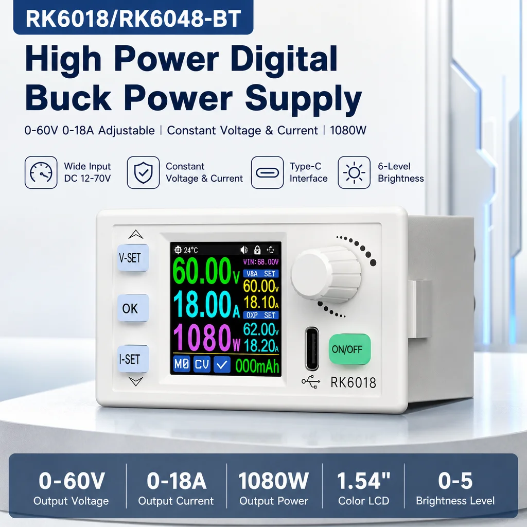 RK6018‑BT DC Step Down Buck Power Module 12‑70V Input 0‑60V 0‑18A 1080W Constant Voltage Constant Current Ah Capacity Monitoring