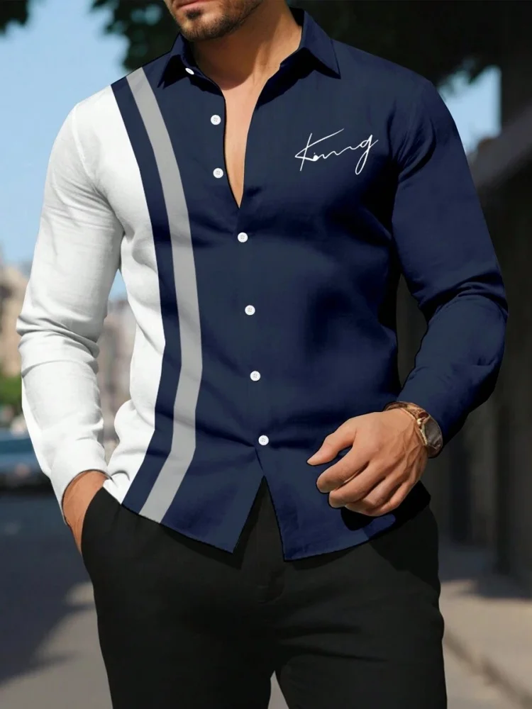 Striped Printed Men's Long-Sleeved Shirt Summer Casual Men's Single-Breasted Shirt Beach Pool Party Men's Fashionable Shirt