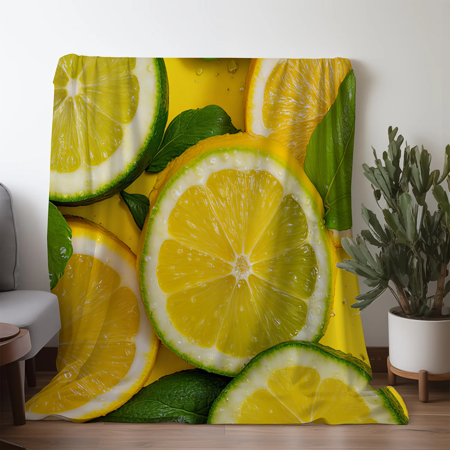1pc Flannel Blanket with Fresh Lemon Mint Print, Warm Comfortable Soft Blanket for Sofa Bed Couch Car Office Camping Travel