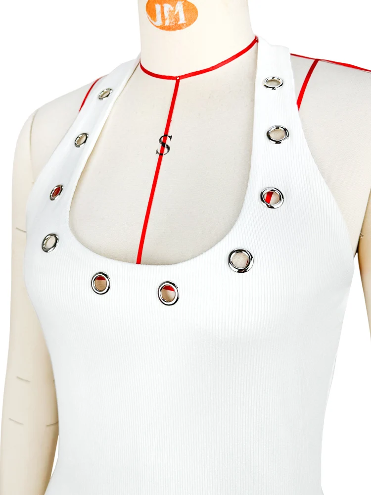 Beyprern Sexy Hollow Out Eyelet Two Piece Set Women Summer White Halter Crop Top and Mini Skirt Sets Outfits Streetwear 2026 image 5