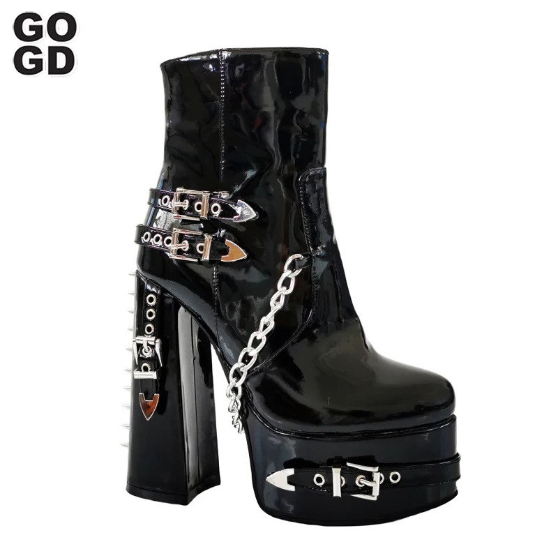 

GOGD Brand Fashion Women's High Heels Rivet Metal Decoration Ankle Boots Chunky Heels Thick Sole Punk Sexy Style Patent Pu Shoes