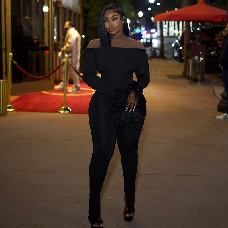 

CUTENOVA Fall/Winter New Sexy Hot Girl Solid Color Off-Shoulder Long Sleeve Faux Fur Patchwork Bodycon Jumpsuit With Slit Hem
