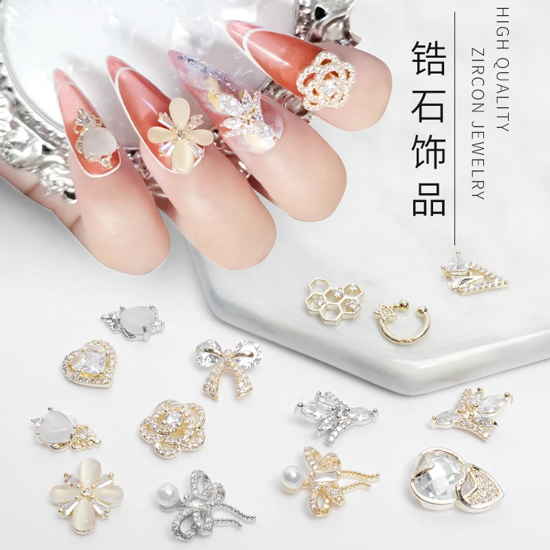 2PCS Luxury Glitter Zircon Jade Flower Ribbon Heart Pearl Alloy Pendant Jewel Nail Art Rhinestones Decoration Manicure Charms