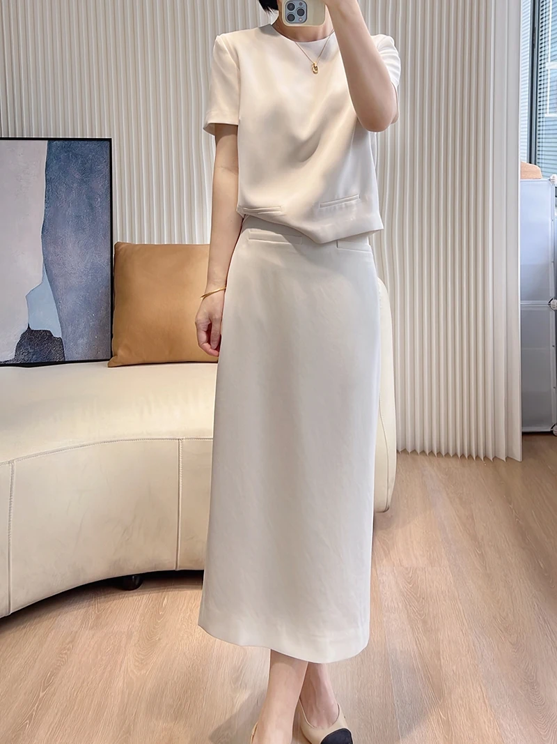 

Commute Acetate Set Simple Elegance Two-Way Wear Short Top High Waist Bodycon Skirt Fashionable Women's Ensemble over 35