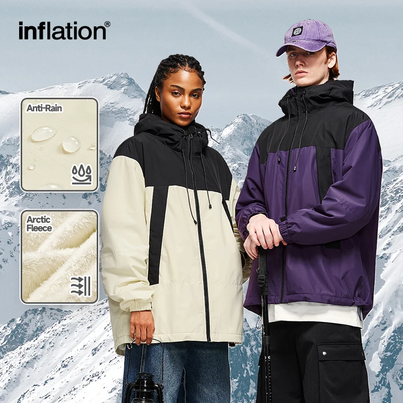 INFLATION Winter Arctic Velvet Inner Parkas Unisex High Neck Windproof Cotton Padded Hooded Jacket Mens Outdoor Coat