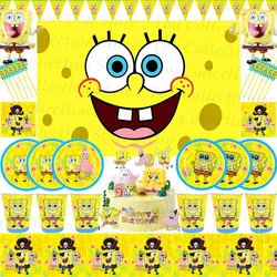 Decoración de fiesta de cumpleaños de esponja para niños, accesorios de mesa, suministros de fiesta, favores para niños, vajilla de papel, telón de fondo, globo
