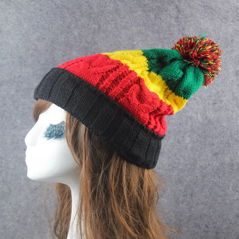 Cute Unisex Mixed Color Stripe Patterned Designer Warm Knitted Hat Beanie Winter Stretchable Colorful Unisex Knitted Hat