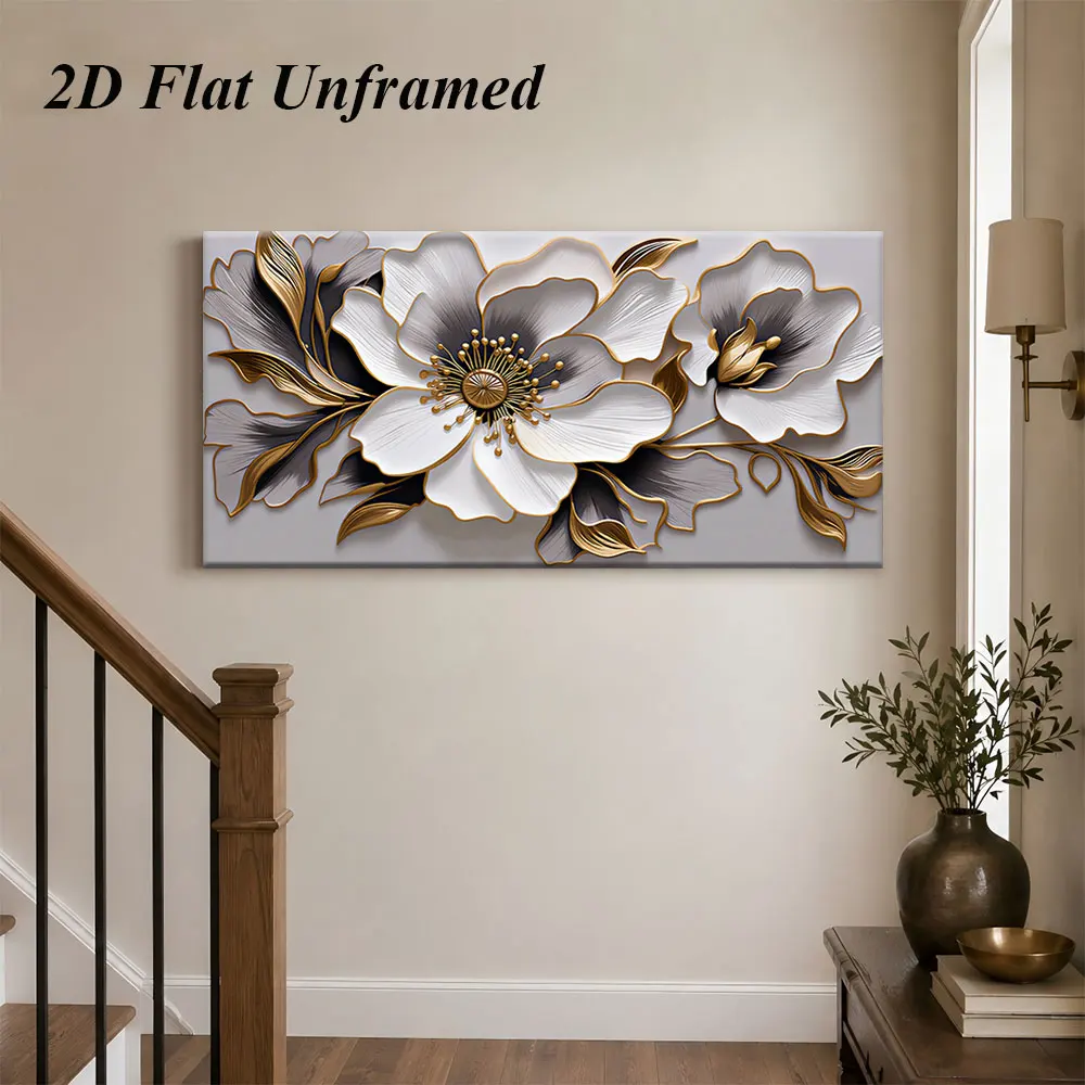 1pc (No frame),1 piece of modern light luxury relief flower frameless decorative painting with gold strokes and white flower art