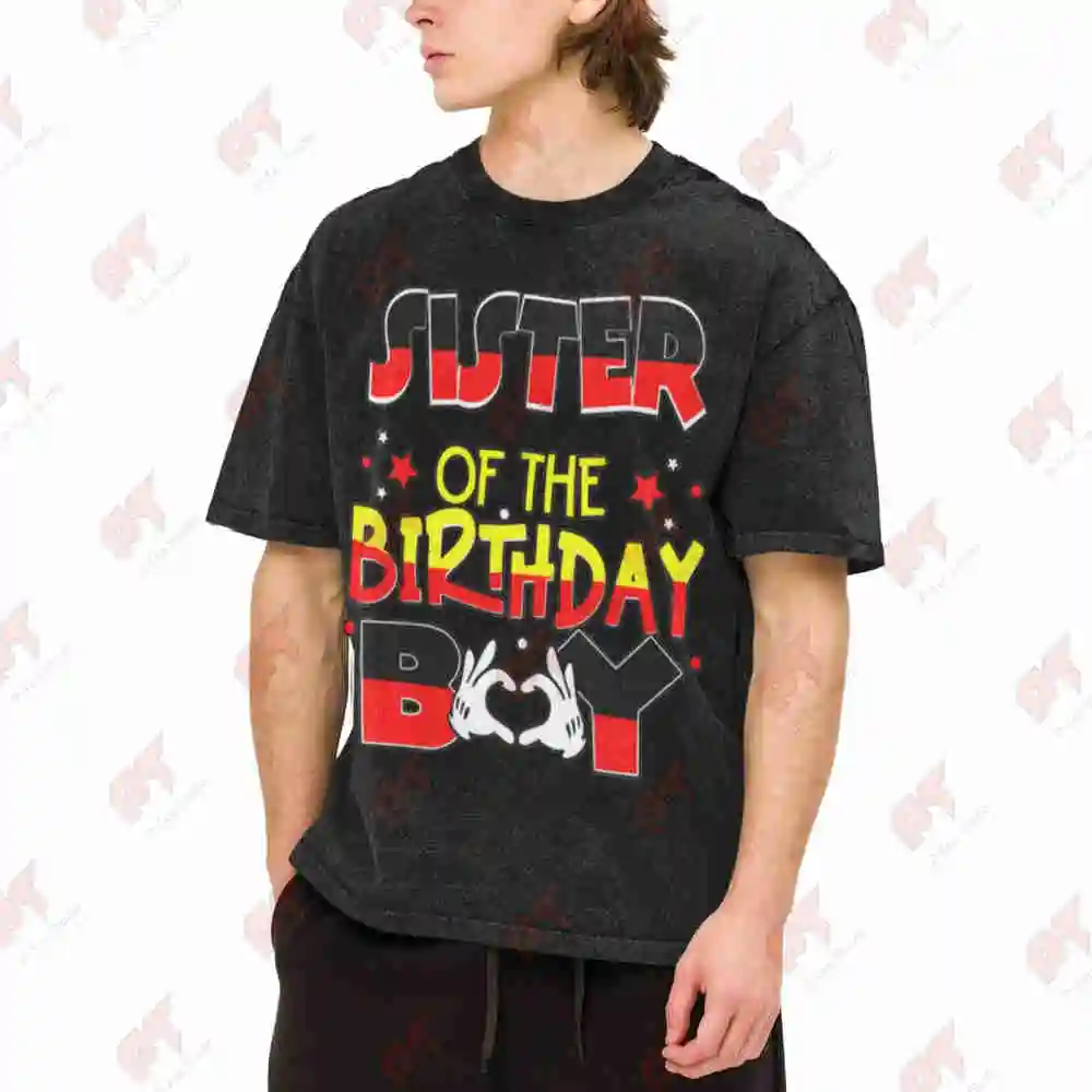 Sister Birthday Boy Sibling Matching Vintage Washed Tee Pure Cotton T-Shirt
