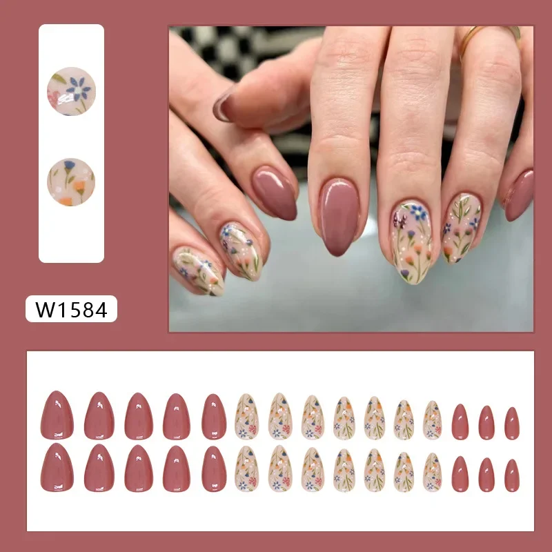 24pcs/set Short Almond Flowers Reusable Adhesive False Nails Cheap Artificial Presss on Nails with Glue Woman Fake Nail Full Set