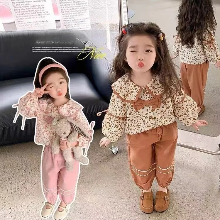 

2025 Spring Autumn Girls Floral Print Blouse & Pants Set 2-Piece with Bow Trim Korean Style Casual Outfit for Toddler 1-6 Years