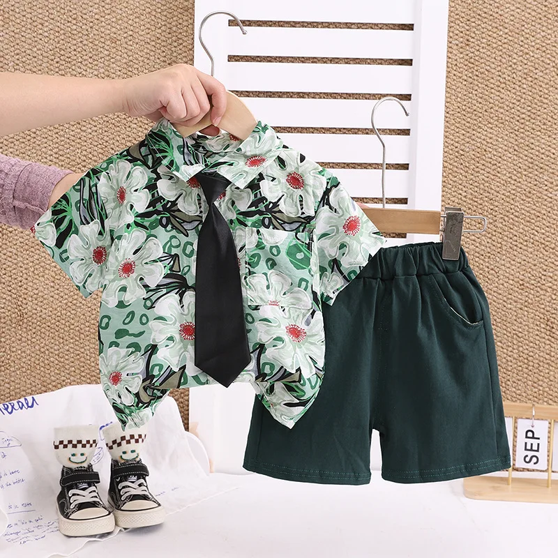 Vacation Style Toddler Boys Outfit 0-5 Years Baby Boy Clothes Floral Print Shirt and Green Shorts 2 Piece Set Kids Beach Wear