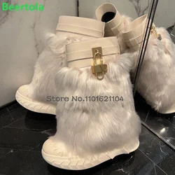 White Furry Lock Shark Boots Wedges Heel Round Toe Thick Sole Fashion Luxury Designer 2024 Winter New Warm Elegant Fashion Shoes