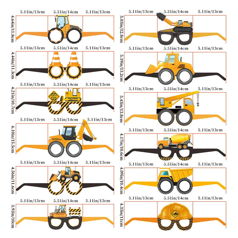 Gafas de papel para construcción de 6 piezas, accesorios para fotomatón, excavadora, camión, Tractor, construcción, decoración para fiesta de cumpleaños, regalos para niños