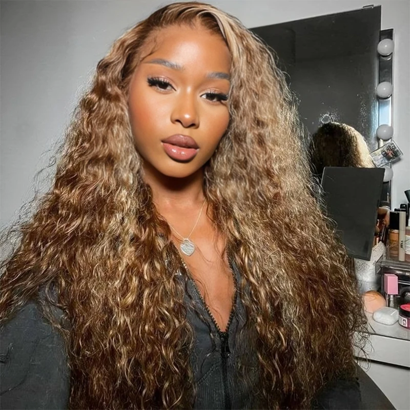 

Highlight Ombre Colored Curly HD Transparent 13X4 Human Hair Brown Lace Front Human Hair Deep Wave Lace Frontal Wig 200 Density