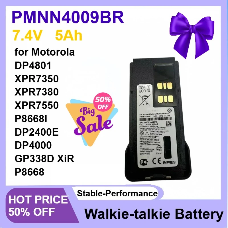 

New 5Ah PMNN4009BR Battery for Motorola DP4801 XPR7350 XPR7380 XPR7550 P8668I DP2400E DP4000 GP338D XiR P8668 APX Two Way Radios