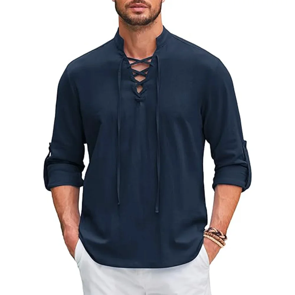 New Autumn Men's V-neck Shirt Fashion Retro Thin Men's Casual Breathable Cotton Linen Shirt Men's Versatile Daily Tops
